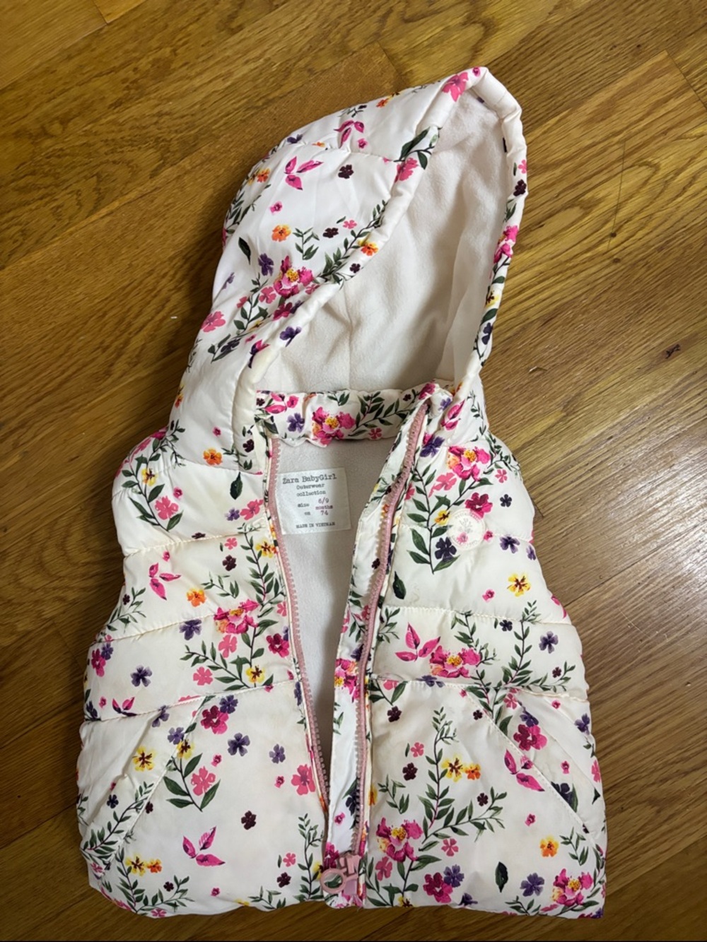 Zara Floral Puffer Hooded Vest - Cream with Pink & Purple Flowers